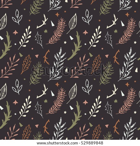 Merry Christmas seamless pattern. Festive pattern with fir branches, flowers and decorative elements. Christmas hand drawn design.