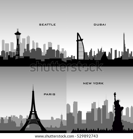 Set of black cityscapes of different cities, Vector illustration