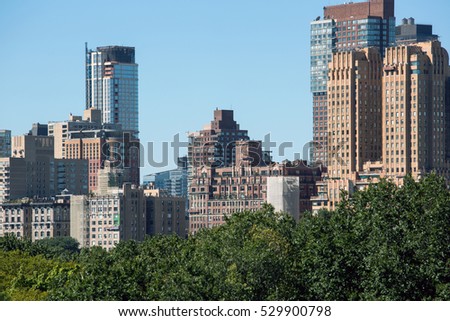 New York City buildings and central park trees view from a roof 