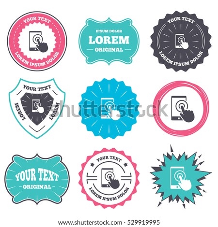 Label and badge templates. Touch screen smartphone sign icon. Hand pointer symbol. Retro style banners, emblems. Vector