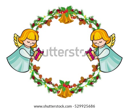 Round holiday garland with ornaments and angels bring presents. Christmas frame with free space for text, photo or picture. Design element for New Year decorations. Vector clip art.