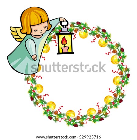 Round holiday garland with ornaments and little flying angel. Christmas frame with free space for text, photo or picture. Design element for New Year decorations. Vector clip art.