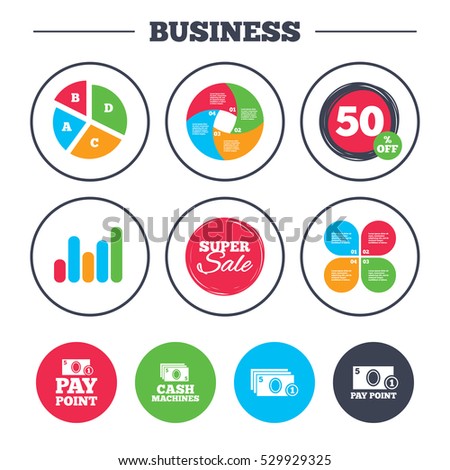 Business pie chart. Growth graph. Cash and coin icons. Cash machines or ATM signs. Pay point or Withdrawal symbols. Super sale and discount buttons. Vector