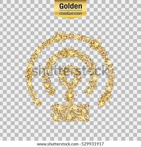 Gold glitter vector icon of wifi isolated on background. Art creative concept illustration for web, glow light confetti, bright sequins, sparkle tinsel, abstract bling, shimmer dust, foil.