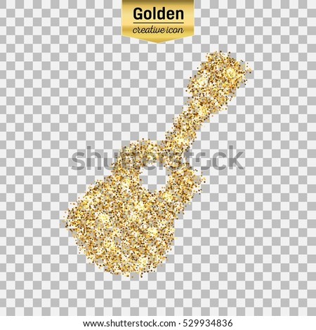 Gold glitter vector icon of guitar isolated on background. Art creative concept illustration for web, glow light confetti, bright sequins, sparkle tinsel, abstract bling, shimmer dust, foil.