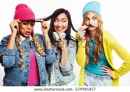 diverse nation girls group, teenage friends company cheerful having fun, happy smiling, cute posing isolated on white background, lifestyle people concept