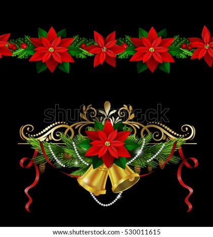 Christmas decoration set with evergreen treess holly and pinecone and poinsettia and ribbon isolated and matching seamless border