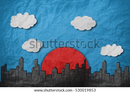 Buildings in city with red sun, white cloud and blue sky, leather paper cut style