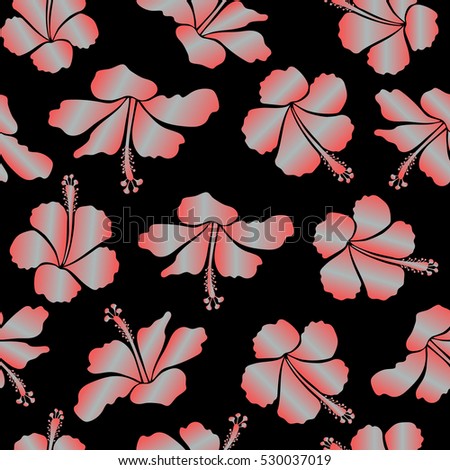 Seamless tropical flowers in gray and pink colors. Hibiscus vector pattern on a black background.