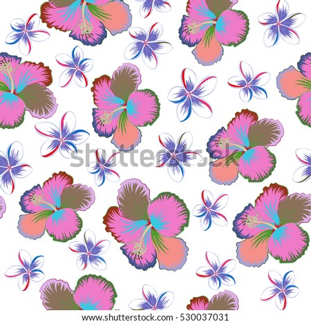 Hibiscus flowers on white background in pink, green and neutral colors.