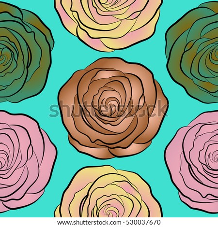 Abstract background composition with rose flowers in pink, brown and yellow colors, splashes, doodles and stylized flowers. Summertime vector floral seamless pattern.