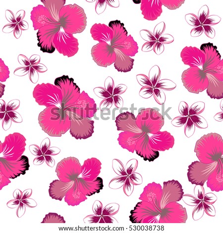 Vector hibiscus in purple, magenta and pink colors on a white background. Seamless pattern with tropical flowers in watercolor style.