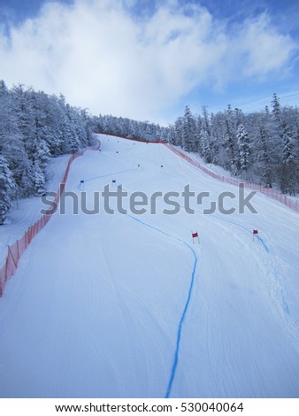 Ski slalom track arranged for competition. Picture from above.