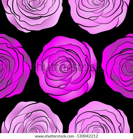 Seamless pattern of stylized violet, magenta and pink roses.