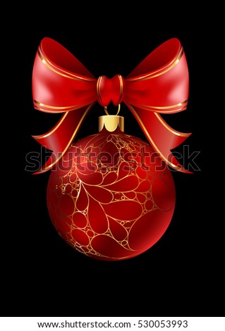 Red Christmas ball with a bow, isolated on black background. Vector illustration.