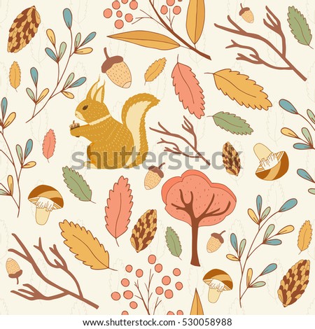 Seamless pattern and Autumn forest with squirrel bird mashroom tree leaf branch.Vector hand drawn vintage background set.