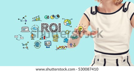 ROI text with young woman on a blue background