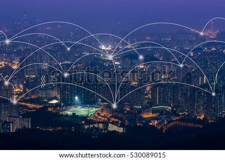 Network and Connection technology concept with city background Royalty-Free Stock Photo #530089015