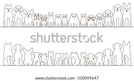 large and small dogs and cats banner set, front view and rear view, line art