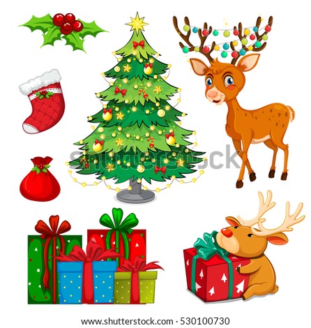 Christmas set with reindeer and christmas tree illustration