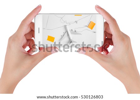 Woman hand using smart phone searching Preparation traveling network with push pin, string, paper noted . Travel concepts, Isolated on white background.