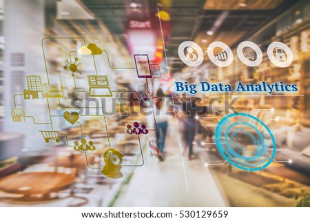 Marketing Data management platform concept image. Data collection icons with Big data analytic message on abstract furniture mart background.