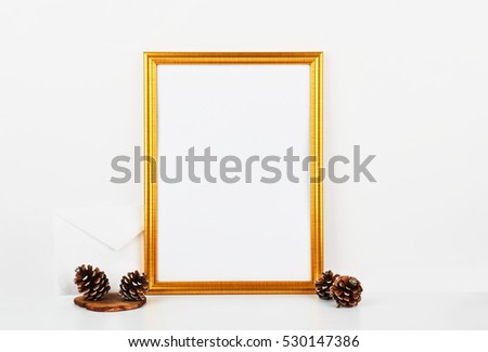 gold picture frame with decorations. Mock up for your photo or text Place your work,