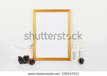 gold picture frame with decorations. Mock up for your photo or text Place your work,