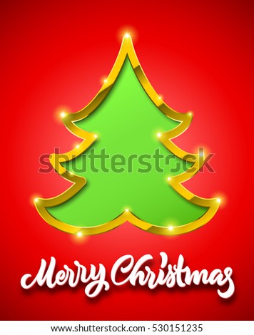 Merry Christmas red card with handdrawn calligraphic lettering and green fir tree sign with golden border and sparkles