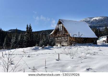 Mountain wooden chalet covered with fresh snow at winter