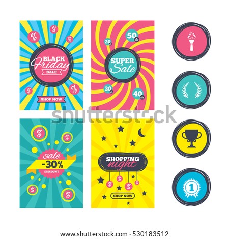 Sale website banner templates. First place award cup icons. Laurel wreath sign. Torch fire flame symbol. Prize for winner. Ads promotional material. Vector