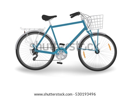 Blue bicycle with basket. Bike isolated on white background. Vector illustration.