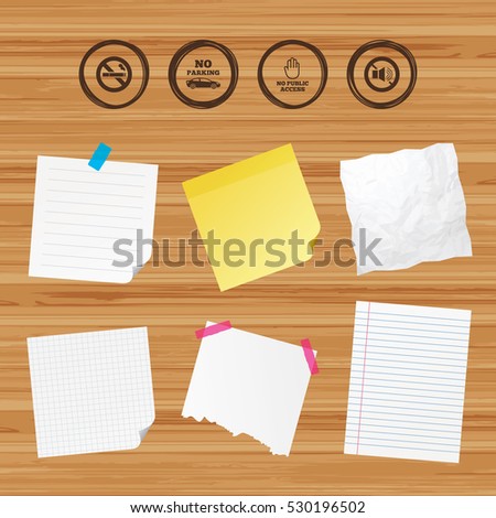 Business paper banners with notes. Stop smoking and no sound signs. Private territory parking or public access. Cigarette and hand symbol. Sticky colorful tape. Vector