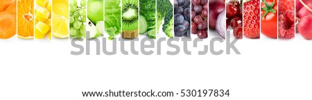 Color fruits and vegetables. Fresh food. Concept. Collage Royalty-Free Stock Photo #530197834