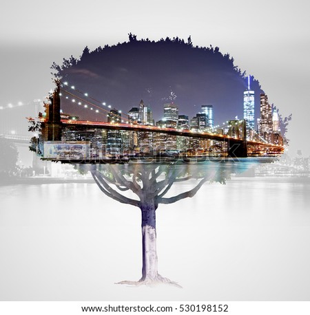 Abstract tree silhouette on city background. Double exposure. Eco concept