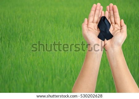 Black mourning ribbon in woman hands in green rice field background with copyspace for text and image