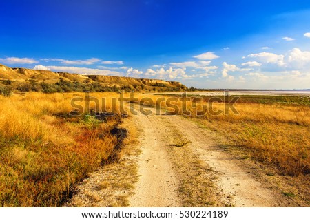 Odessa, Kuyalnik estuary, the salt sea, road and rocks Royalty-Free Stock Photo #530224189