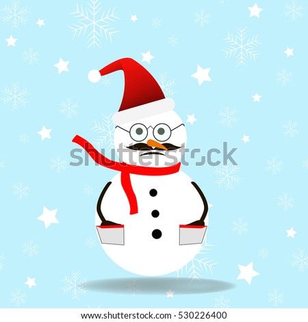 Snowman with glasess and mustache. Vector christmas card snowman