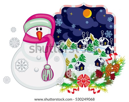 Holiday label with happy snowman in funny hat and scarf.  Winter village landscape. Christmas decoration. Raster clip art.