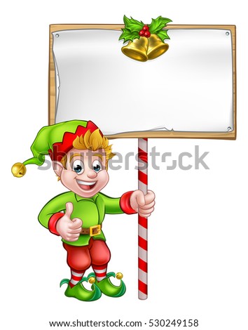 A cute cartoon Christmas elf holding a sign and giving a thumbs up