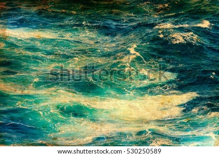 Atlantic ocean with blue water on a sunny day. Waves, foam and wake caused by cruise ship, dusty vintage effect filtered image for tourism business concept, cruise sailing blogs, magazines websites