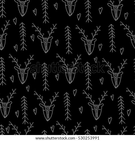  Seamless pattern with cute graphic deer head, pine and heart  on black background. Christmas wrapping paper. Hand drawn vector illustration.