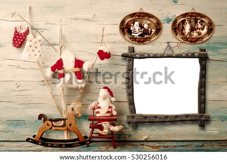 Christmas rustic wooden  photo frame card, Santa Claus rag doll, cute tree and rocking horse with empty photo frame