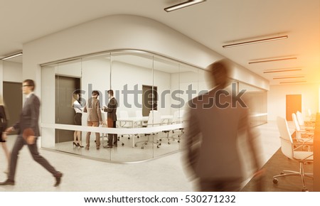 People are walking in office and discussing business issues. Concept of teamwork and cooperation. 3d rendering. Toned image. 