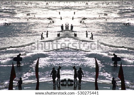 Contre-jour shot of people on tropical beach. Evening hour view at silhouettes of humans in backlight. Image with symmetry filter for travel vacation concept, design templates, lifestyle blog magazine