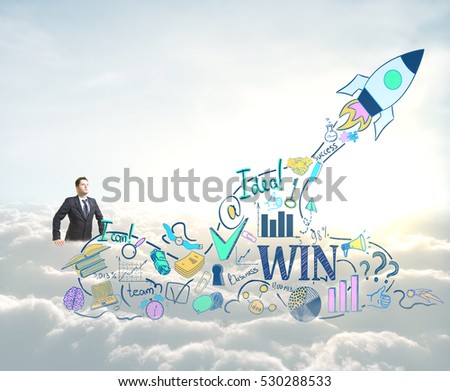 Start up concept. Businessman with creative rocket ship sketch on sky background