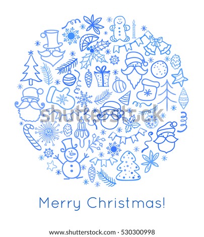 Merry Christmas. Hand drawn Christmas round design . Traditional winter holiday elements with Santa Claus isolated on white background. Doodle style vector illustration