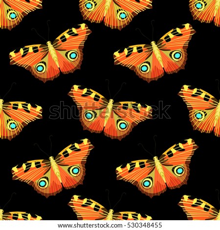 Seamless pattern with butterfly peacock eye on black vector illustration