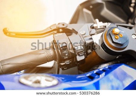 Close up of motorcycle body, speed motor sport, blue big bike