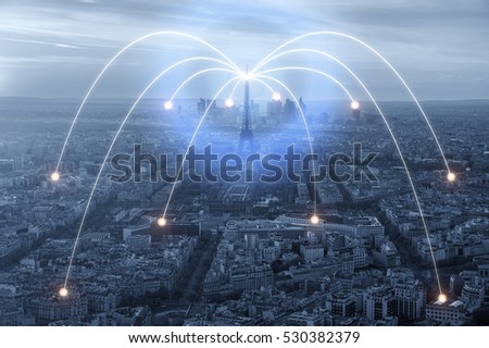 Wifi icon and Paris city with network connection concept, Paris smart city and wireless communication network, abstract image visual, internet of things.
